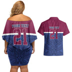 Queensland Samoa Custom Couples Matching Off Shoulder Short Dress and Hawaiian Shirt Maroon-Blue Pacific Polynesian Tribal Pattern