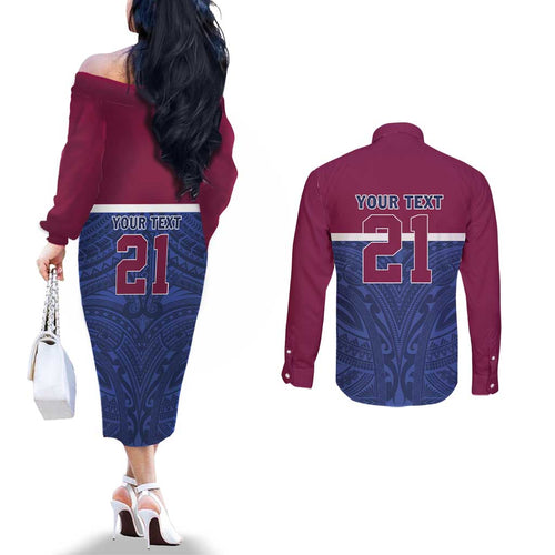 Queensland Samoa Custom Couples Matching Off The Shoulder Long Sleeve Dress and Long Sleeve Button Shirt Maroon-Blue Pacific Polynesian Tribal Pattern