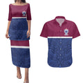 Queensland Samoa Custom Couples Matching Puletasi and Hawaiian Shirt Maroon-Blue Pacific Polynesian Tribal Pattern