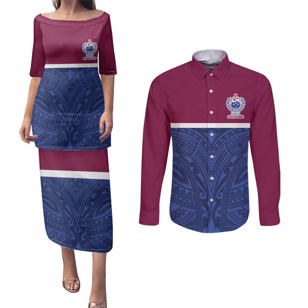 Queensland Samoa Custom Couples Matching Puletasi and Long Sleeve Button Shirt Maroon-Blue Pacific Polynesian Tribal Pattern