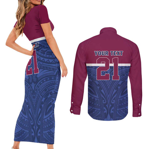Queensland Samoa Custom Couples Matching Short Sleeve Bodycon Dress and Long Sleeve Button Shirt Maroon-Blue Pacific Polynesian Tribal Pattern