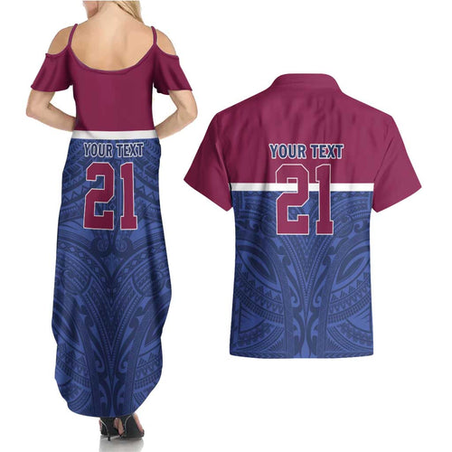 Queensland Samoa Custom Couples Matching Summer Maxi Dress and Hawaiian Shirt Maroon-Blue Pacific Polynesian Tribal Pattern