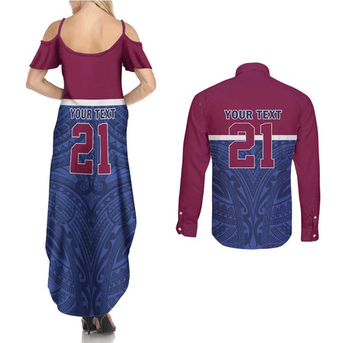 Queensland Samoa Custom Couples Matching Summer Maxi Dress and Long Sleeve Button Shirt Maroon-Blue Pacific Polynesian Tribal Pattern