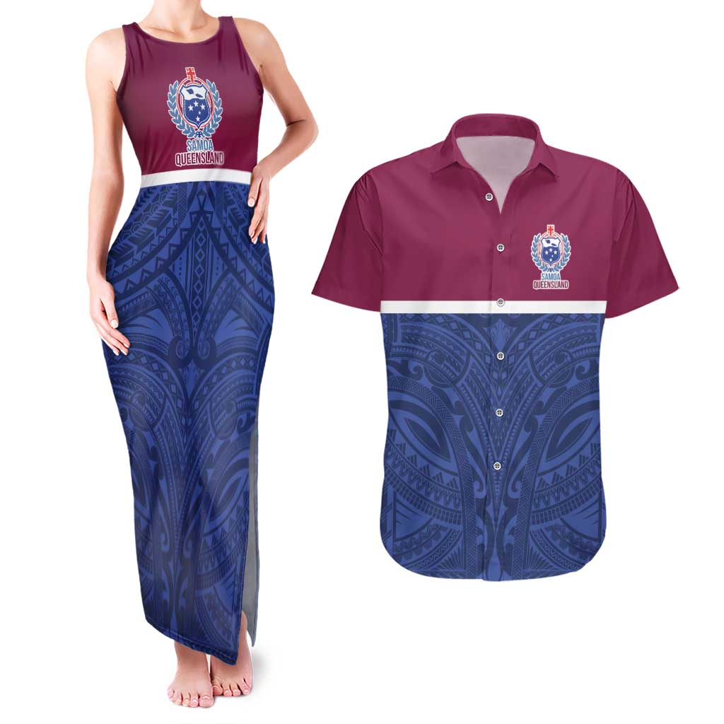 Queensland Samoa Custom Couples Matching Tank Maxi Dress and Hawaiian Shirt Maroon-Blue Pacific Polynesian Tribal Pattern