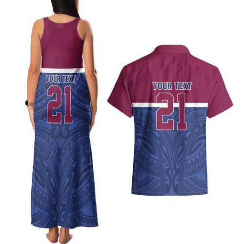 Queensland Samoa Custom Couples Matching Tank Maxi Dress and Hawaiian Shirt Maroon-Blue Pacific Polynesian Tribal Pattern
