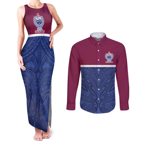 Queensland Samoa Custom Couples Matching Tank Maxi Dress and Long Sleeve Button Shirt Maroon-Blue Pacific Polynesian Tribal Pattern
