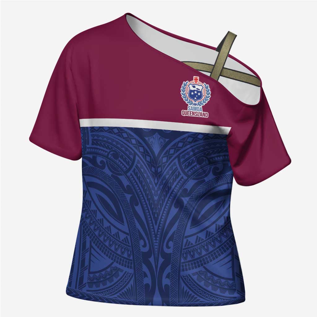 Queensland Samoa Custom Cross Shoulder Shirt Maroon-Blue Pacific Polynesian Tribal Pattern - Aussie Hoodie