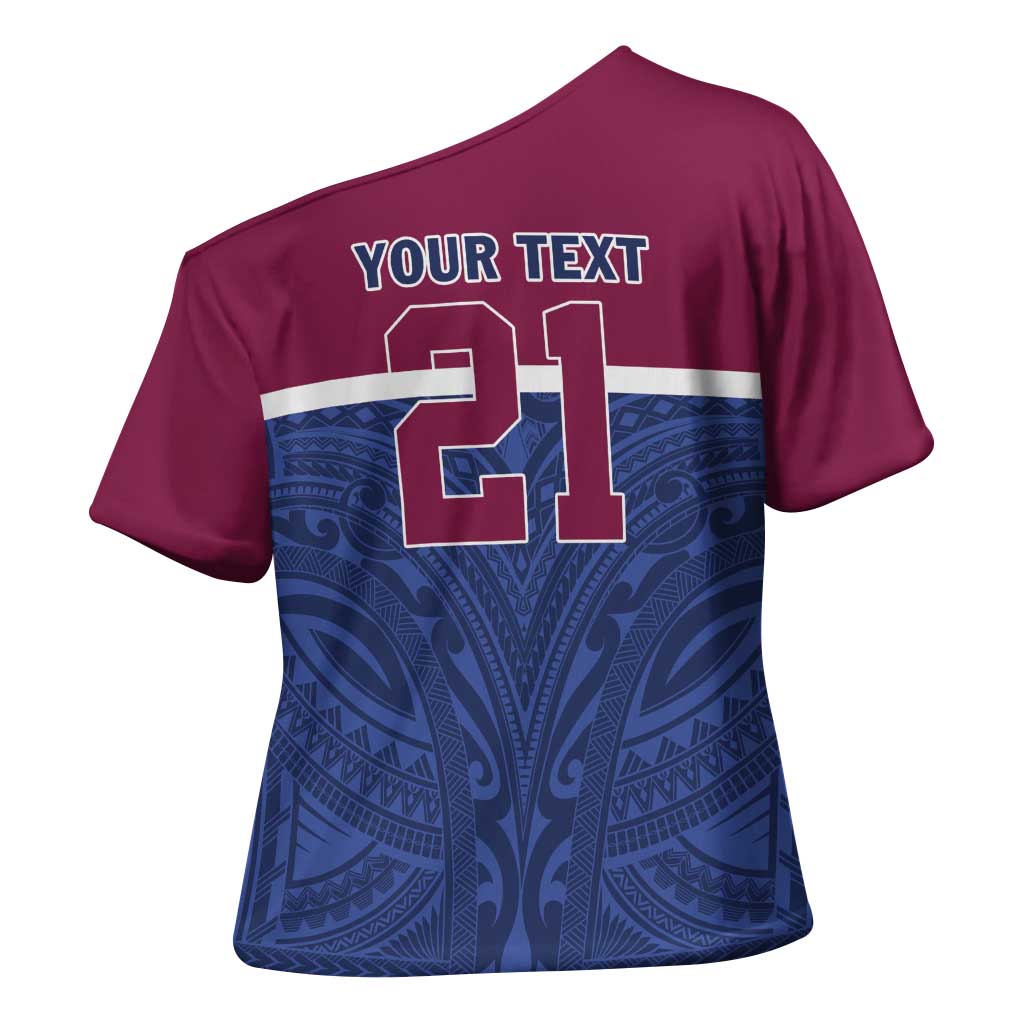 Queensland Samoa Custom Cross Shoulder Shirt Maroon-Blue Pacific Polynesian Tribal Pattern - Aussie Hoodie