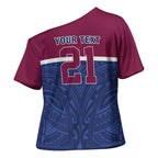 Queensland Samoa Custom Cross Shoulder Shirt Maroon-Blue Pacific Polynesian Tribal Pattern - Aussie Hoodie