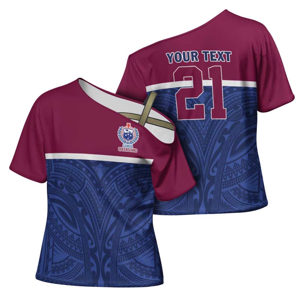 Queensland Samoa Custom Cross Shoulder Shirt Maroon-Blue Pacific Polynesian Tribal Pattern - Aussie Hoodie