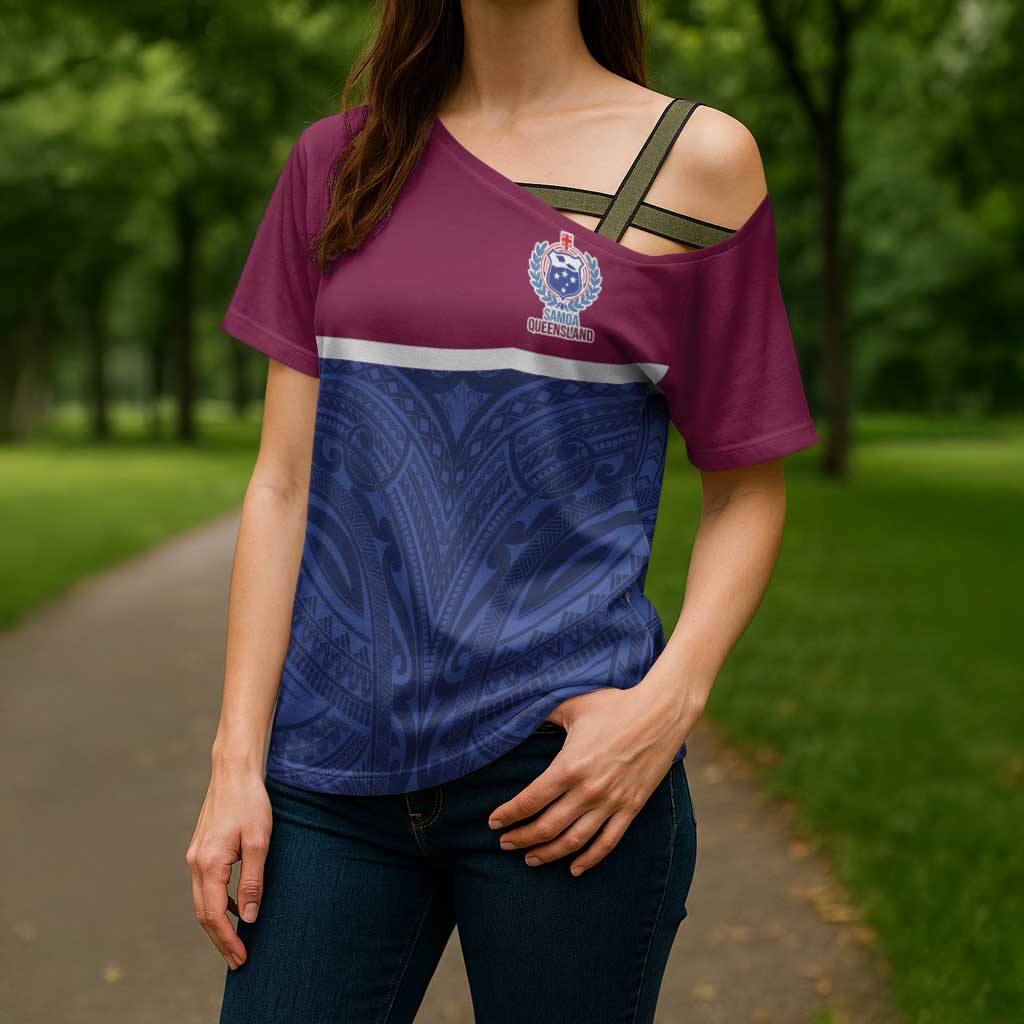 Queensland Samoa Custom Cross Shoulder Shirt Maroon-Blue Pacific Polynesian Tribal Pattern - Aussie Hoodie