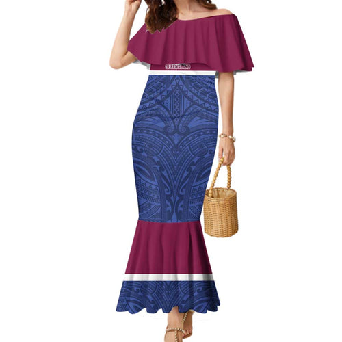 Queensland Samoa Custom Family Matching Mermaid Dress and Hawaiian Shirt Maroon-Blue Pacific Polynesian Tribal Pattern