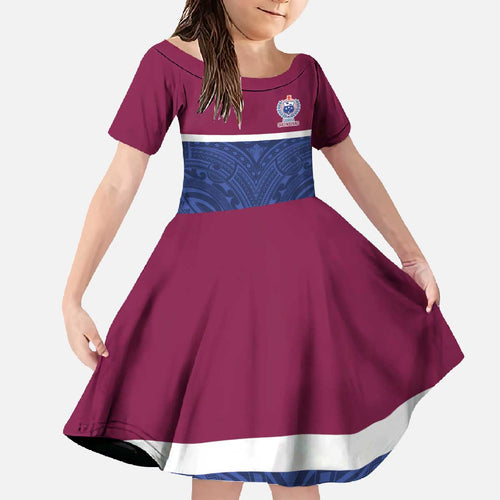 Queensland Samoa Custom Family Matching Off The Shoulder Long Sleeve Dress and Hawaiian Shirt Maroon-Blue Pacific Polynesian Tribal Pattern