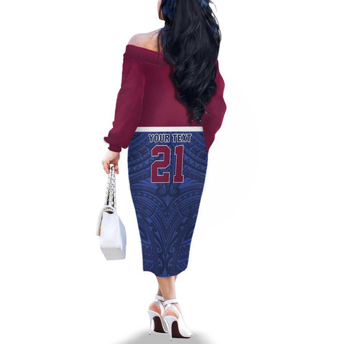 Queensland Samoa Custom Family Matching Off The Shoulder Long Sleeve Dress and Hawaiian Shirt Maroon-Blue Pacific Polynesian Tribal Pattern