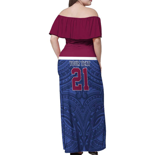 Queensland Samoa Custom Family Matching Off Shoulder Maxi Dress and Hawaiian Shirt Maroon-Blue Pacific Polynesian Tribal Pattern