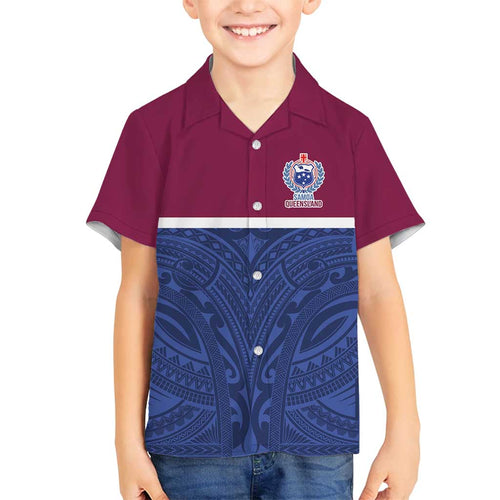Queensland Samoa Custom Family Matching Off Shoulder Short Dress and Hawaiian Shirt Maroon-Blue Pacific Polynesian Tribal Pattern