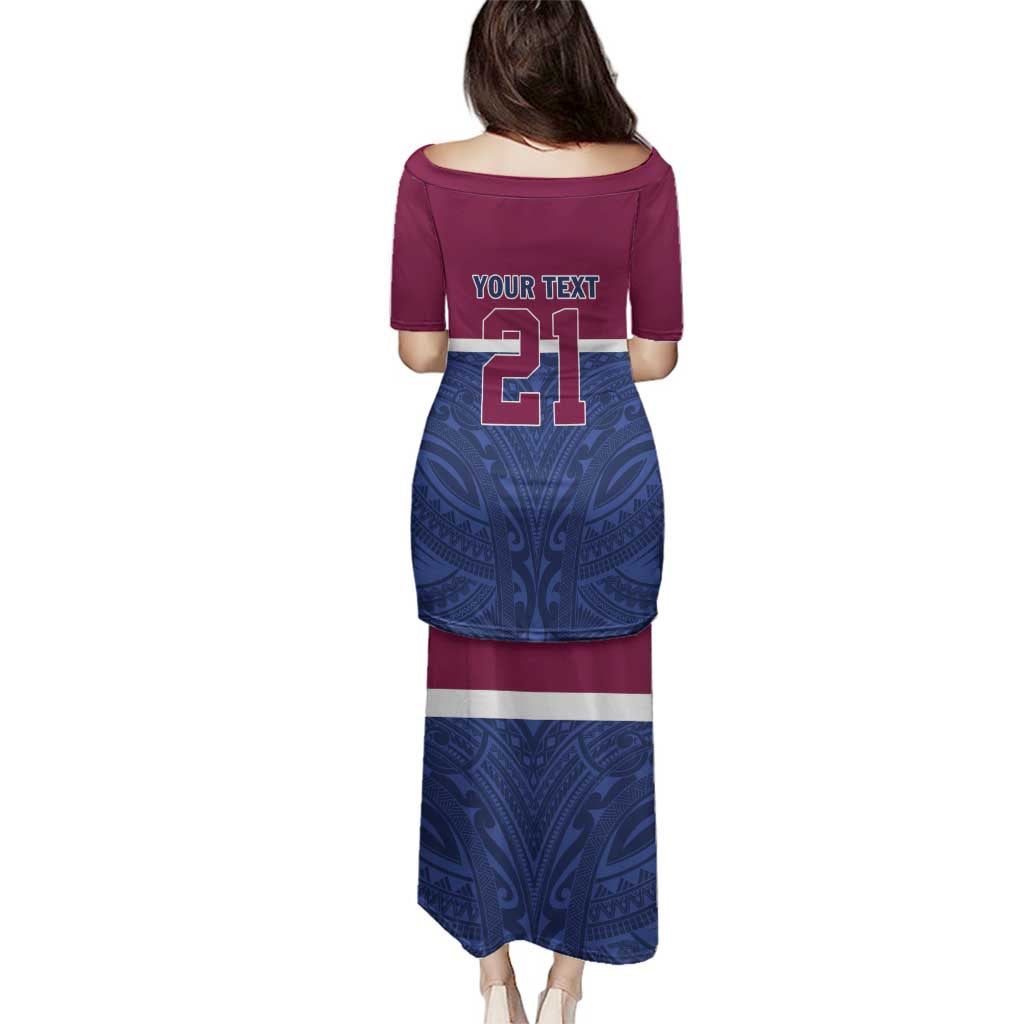 Queensland Samoa Custom Family Matching Puletasi and Hawaiian Shirt Maroon-Blue Pacific Polynesian Tribal Pattern