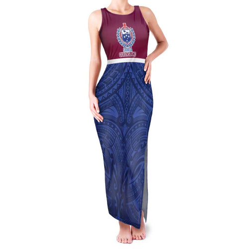 Queensland Samoa Custom Family Matching Tank Maxi Dress and Hawaiian Shirt Maroon-Blue Pacific Polynesian Tribal Pattern