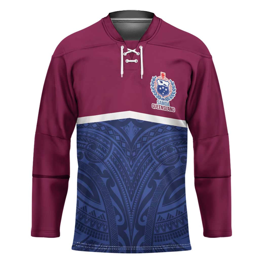 Queensland Samoa Custom Hockey Jersey Maroon-Blue Pacific Polynesian Tribal Pattern - Aussie Hoodie