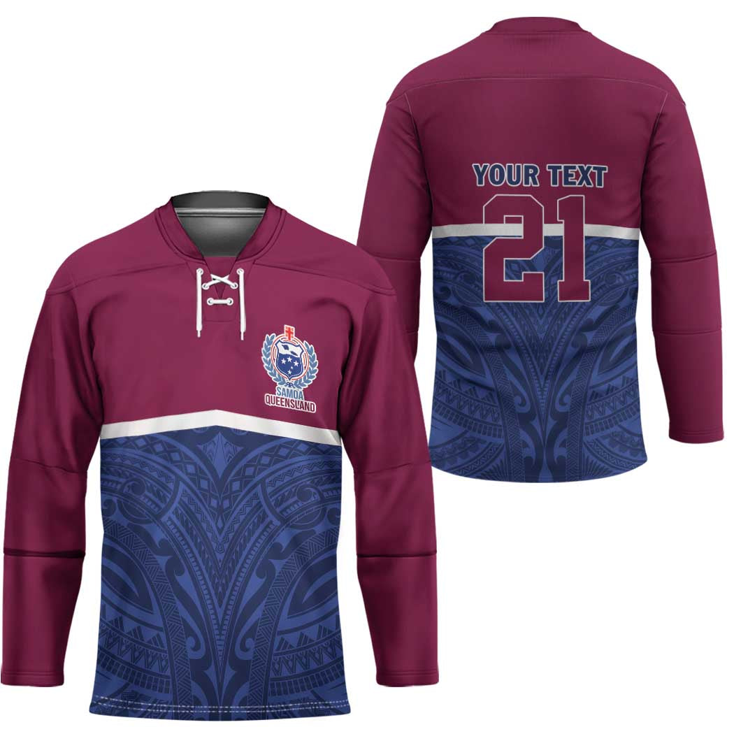 Queensland Samoa Custom Hockey Jersey Maroon-Blue Pacific Polynesian Tribal Pattern - Aussie Hoodie