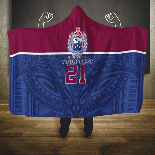 Queensland Samoa Custom Hooded Blanket Maroon-Blue Pacific Polynesian Tribal Pattern