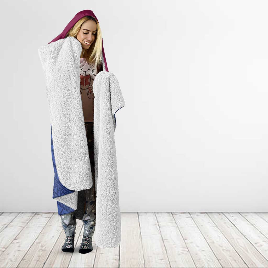 Queensland Samoa Custom Hooded Blanket Maroon-Blue Pacific Polynesian Tribal Pattern