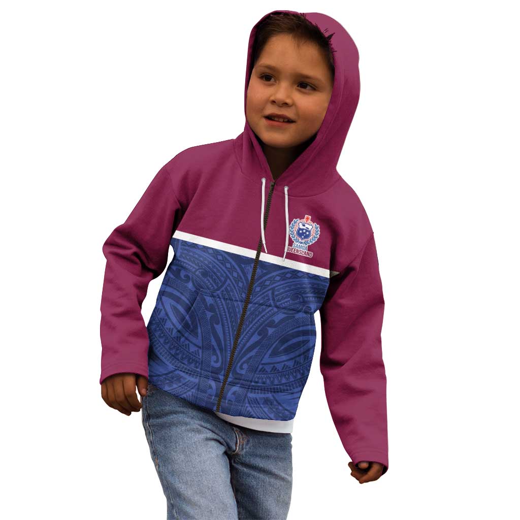 Queensland Samoa Custom Kid Hoodie Maroon-Blue Pacific Polynesian Tribal Pattern
