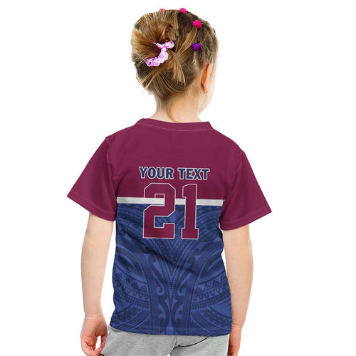 Queensland Samoa Custom Kid T Shirt Maroon-Blue Pacific Polynesian Tribal Pattern