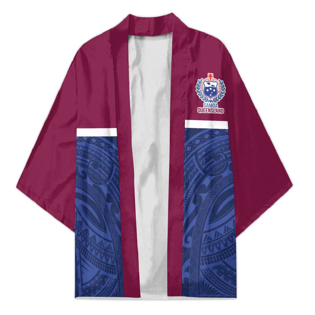 Queensland Samoa Custom Kimono Maroon-Blue Pacific Polynesian Tribal Pattern - Aussie Hoodie