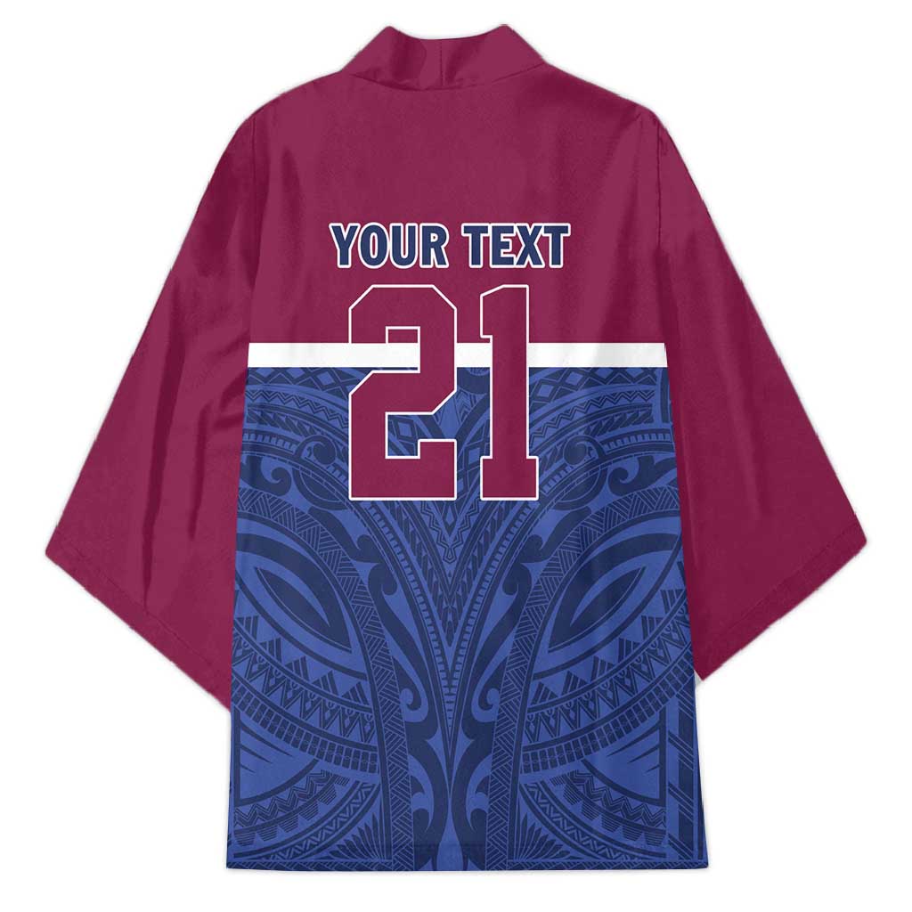 Queensland Samoa Custom Kimono Maroon-Blue Pacific Polynesian Tribal Pattern - Aussie Hoodie