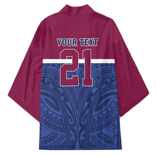 Queensland Samoa Custom Kimono Maroon-Blue Pacific Polynesian Tribal Pattern - Aussie Hoodie