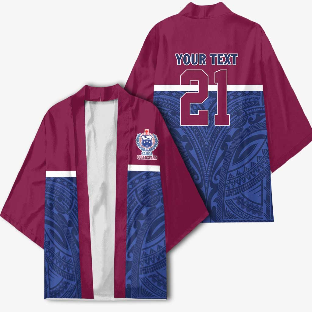 Queensland Samoa Custom Kimono Maroon-Blue Pacific Polynesian Tribal Pattern - Aussie Hoodie