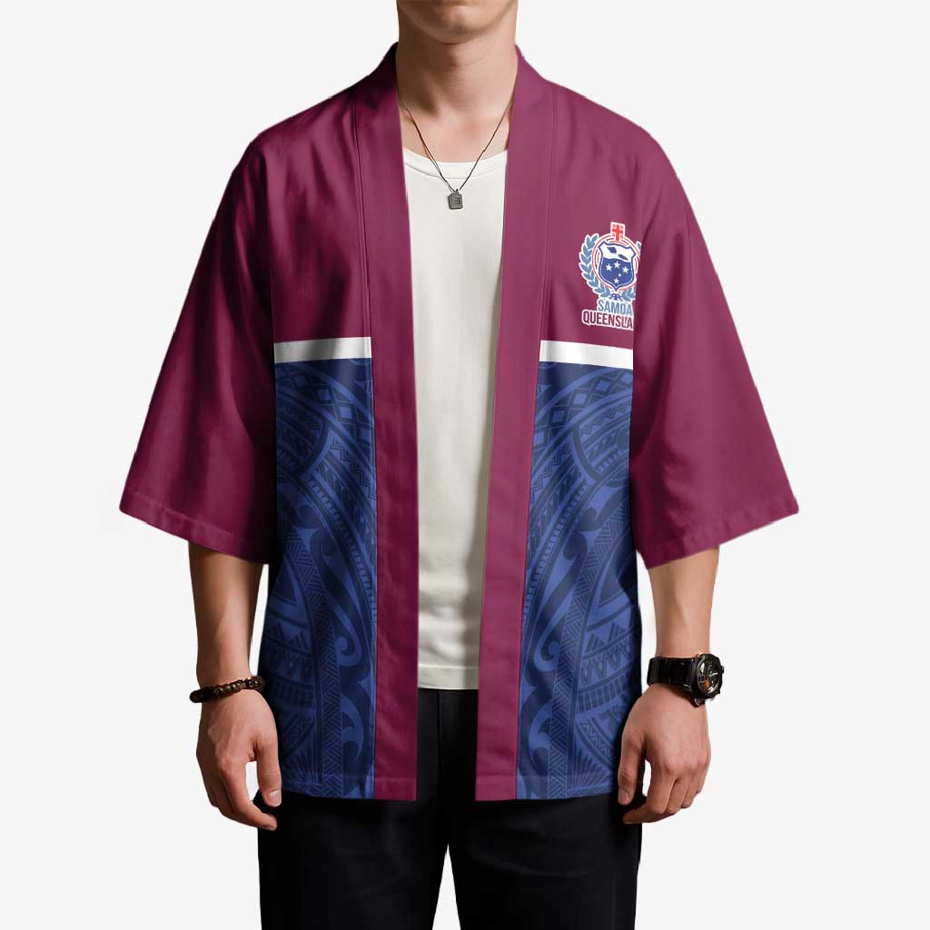 Queensland Samoa Custom Kimono Maroon-Blue Pacific Polynesian Tribal Pattern - Aussie Hoodie