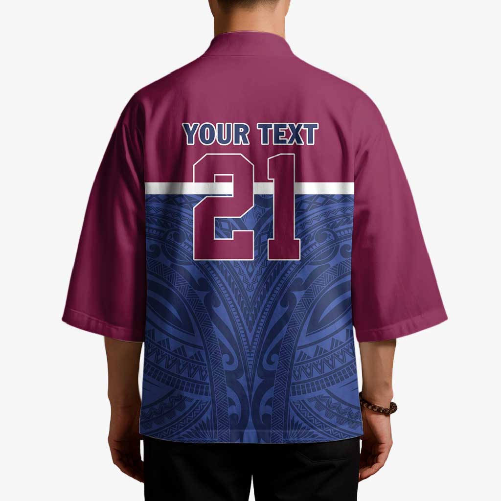 Queensland Samoa Custom Kimono Maroon-Blue Pacific Polynesian Tribal Pattern - Aussie Hoodie