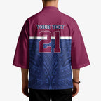 Queensland Samoa Custom Kimono Maroon-Blue Pacific Polynesian Tribal Pattern - Aussie Hoodie