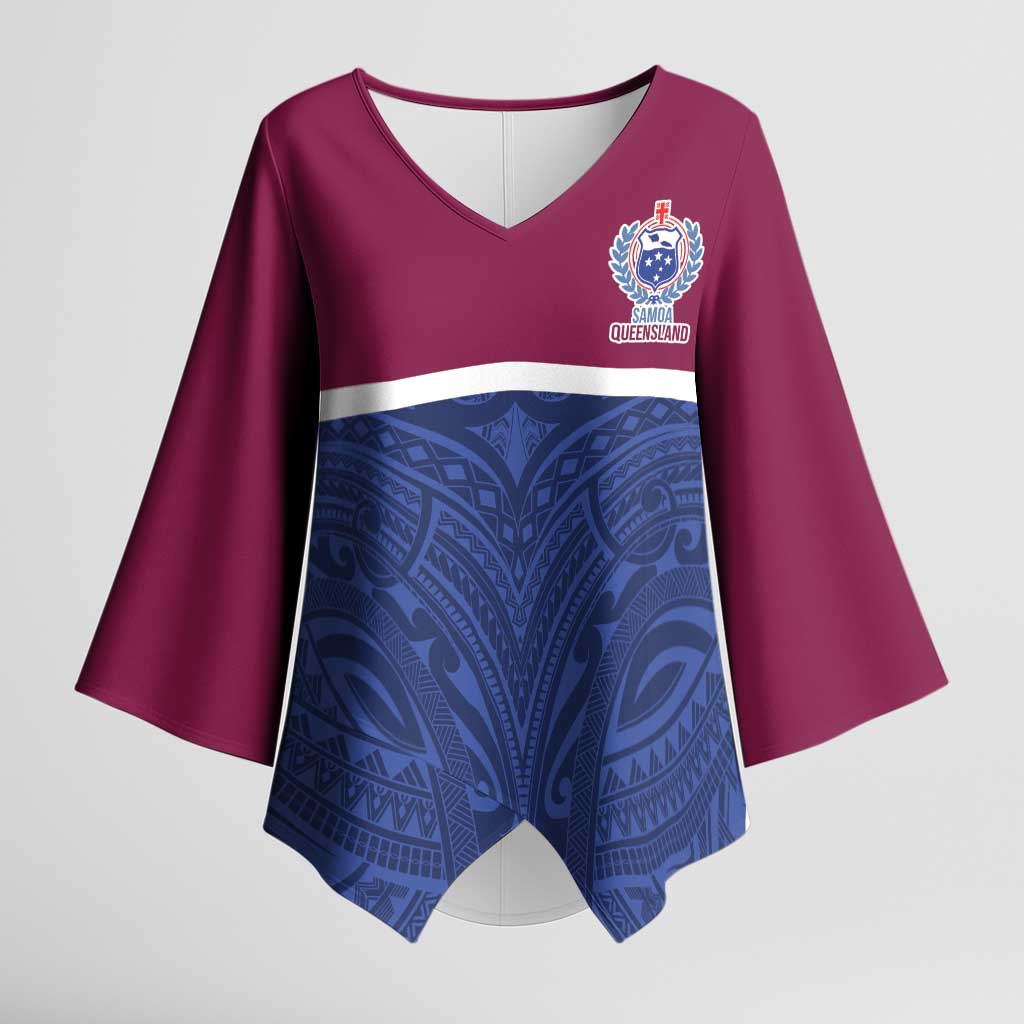 Queensland Samoa Custom Kimono Sleeve Blouse Maroon-Blue Pacific Polynesian Tribal Pattern - Aussie Hoodie