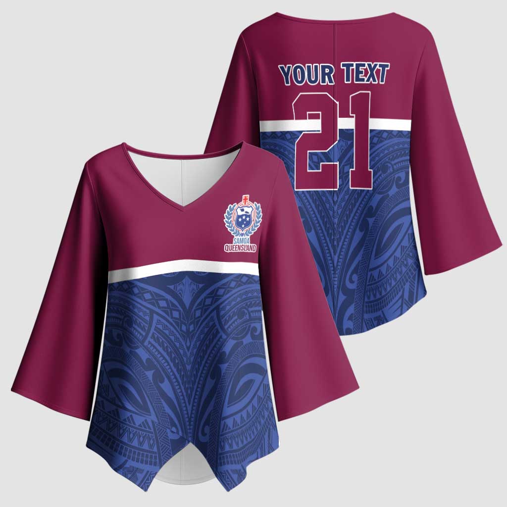 Queensland Samoa Custom Kimono Sleeve Blouse Maroon-Blue Pacific Polynesian Tribal Pattern - Aussie Hoodie