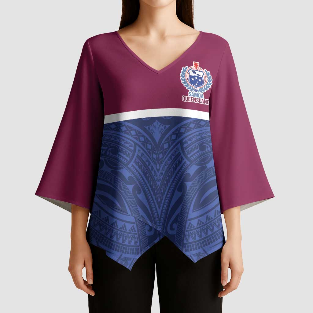 Queensland Samoa Custom Kimono Sleeve Blouse Maroon-Blue Pacific Polynesian Tribal Pattern - Aussie Hoodie
