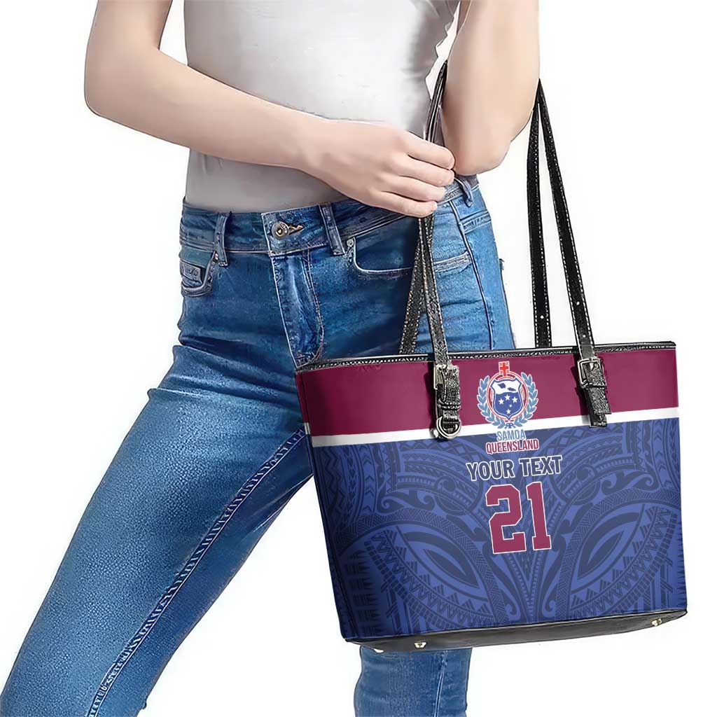 Queensland Samoa Custom Leather Tote Bag Maroon-Blue Pacific Polynesian Tribal Pattern