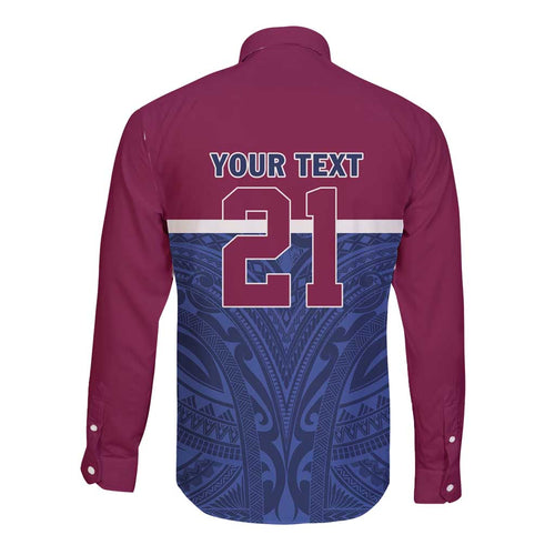 Queensland Samoa Custom Long Sleeve Button Shirt Maroon-Blue Pacific Polynesian Tribal Pattern