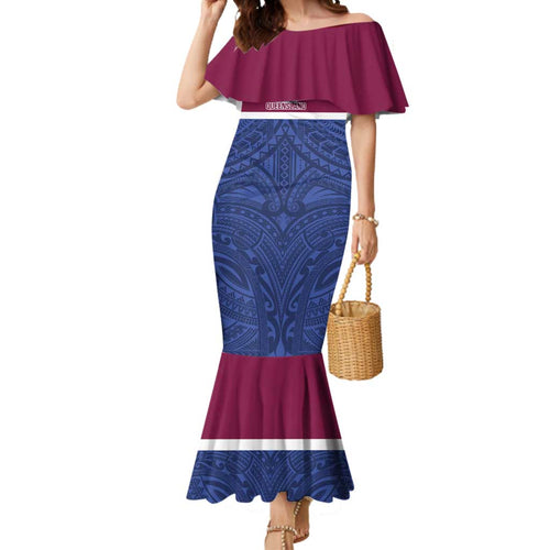 Queensland Samoa Custom Mermaid Dress Maroon-Blue Pacific Polynesian Tribal Pattern