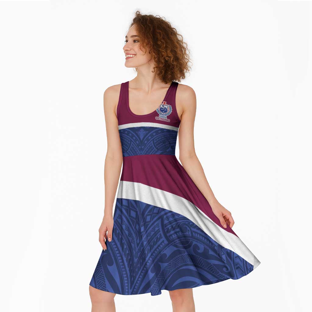 Queensland Samoa Custom Midi Dress Maroon-Blue Pacific Polynesian Tribal Pattern - Aussie Hoodie