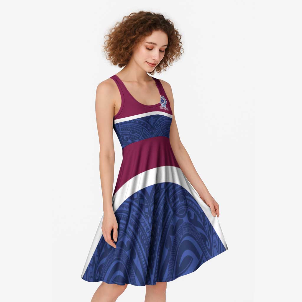 Queensland Samoa Custom Midi Dress Maroon-Blue Pacific Polynesian Tribal Pattern - Aussie Hoodie