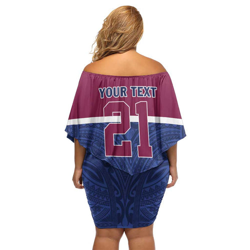 Queensland Samoa Custom Off Shoulder Short Dress Maroon-Blue Pacific Polynesian Tribal Pattern