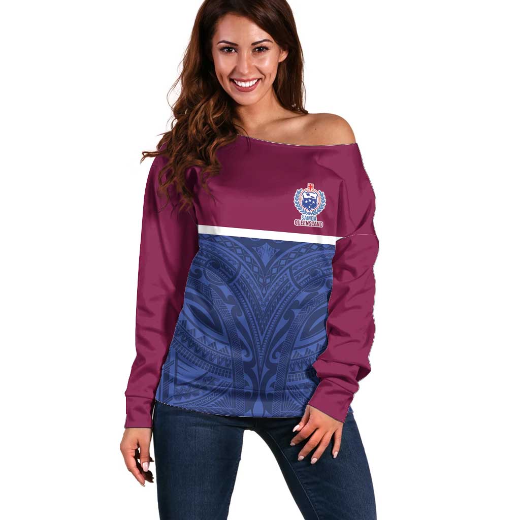 Queensland Samoa Custom Off Shoulder Sweater Maroon-Blue Pacific Polynesian Tribal Pattern