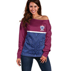 Queensland Samoa Custom Off Shoulder Sweater Maroon-Blue Pacific Polynesian Tribal Pattern