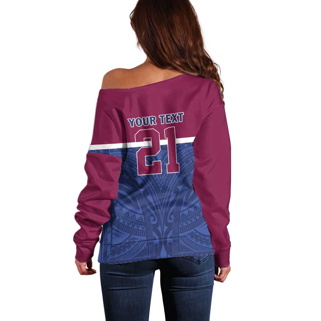Queensland Samoa Custom Off Shoulder Sweater Maroon-Blue Pacific Polynesian Tribal Pattern