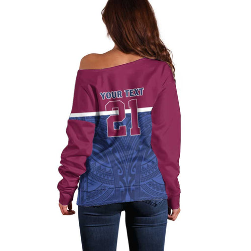 Queensland Samoa Custom Off Shoulder Sweater Maroon-Blue Pacific Polynesian Tribal Pattern