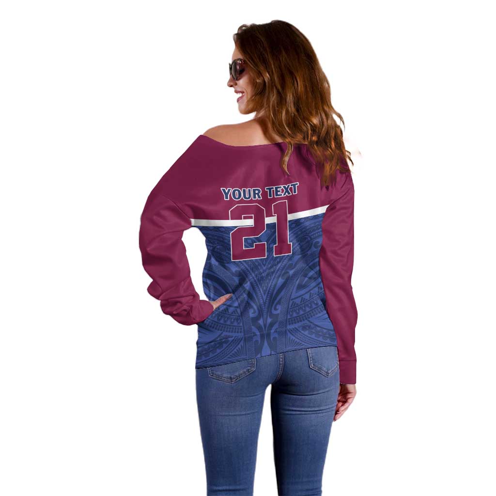 Queensland Samoa Custom Off Shoulder Sweater Maroon-Blue Pacific Polynesian Tribal Pattern