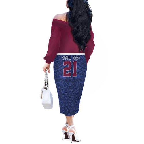 Queensland Samoa Custom Off The Shoulder Long Sleeve Dress Maroon-Blue Pacific Polynesian Tribal Pattern